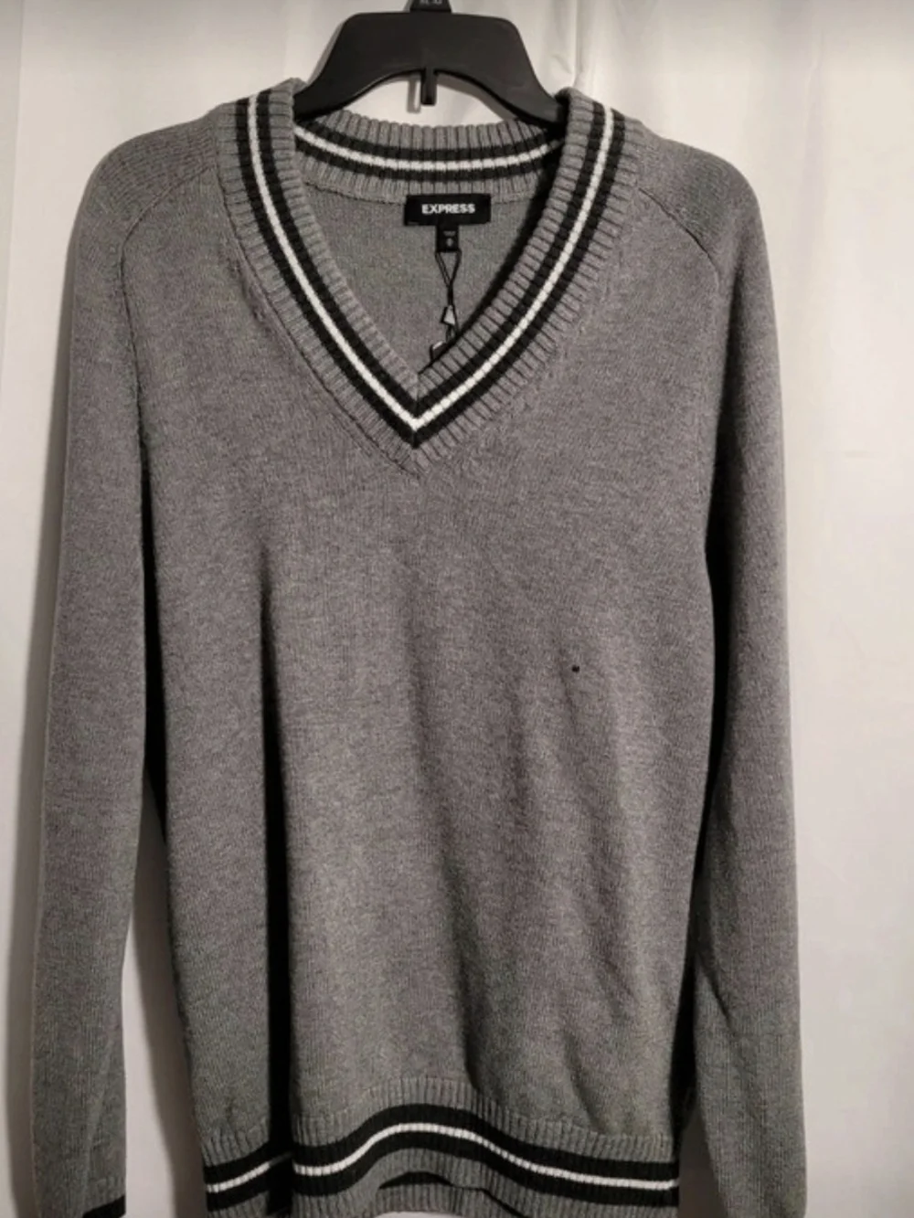 Express Men’s Gray V-Neck Sweater with Black & White Stripe Trim